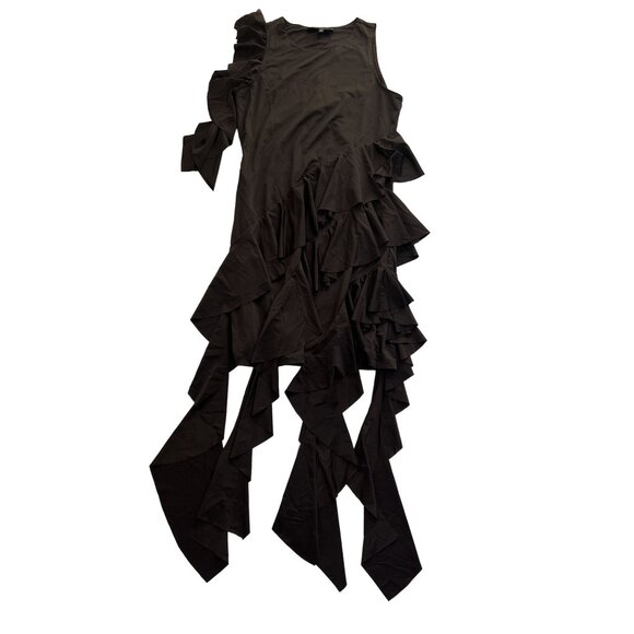 DYNAMITE Asymmetric Ruffled Mini Dress in Chocolate Plum Brown - Picture 1 of 5